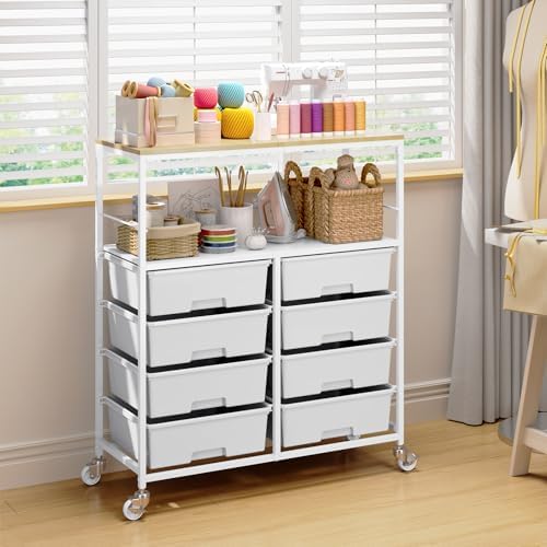 APEXCHASER Rolling Storage Cart with 8 Large Drawers, Wooden Tabletop