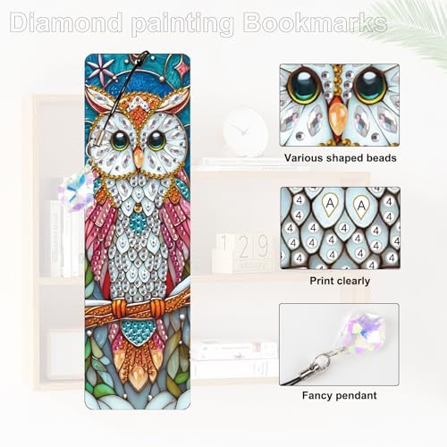 4 Pcs Diamond Painting Bookmarks, Owl DIY 5D Special Shaped Rhinestone Bookmark Kits for Adults, Handmade Diamond Art Bookmark with Tassel Pendant for Reading Gifts