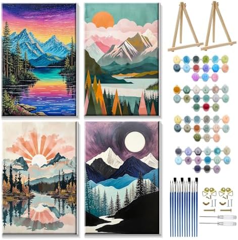 JOOZ 4 Pack Paint by Numbers Kit for Adults with Frame Mountain Landscape Paint by Number with Easel DIY Lake Adult Paint by Number Kits Sunset Easy Oil Painting Kits for Home Wall Decor 8x12 Inch