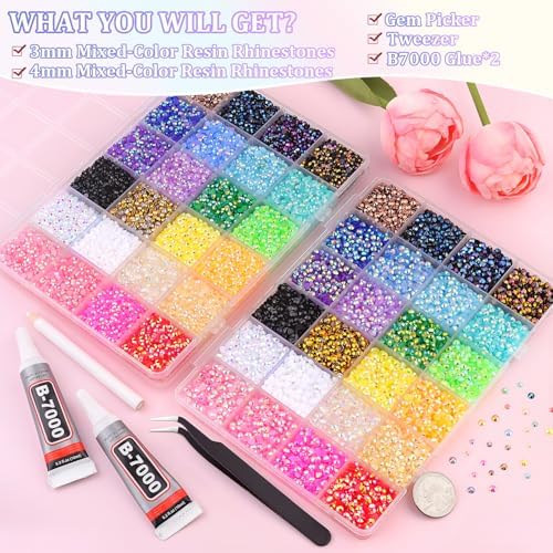 2 Boxes Jelly Rhinestones for Bedazzling, 36600Pcs 3mm & 4mm Multicolor Flatback Resin Gems for Crafting, Bedazzler Kit with 2Pcs 10ml B7000 Jewelry Glue for DIY Crafts Book Fabric Decor Nail Art