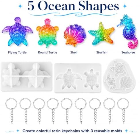 3 Pack Turtle Resin Mold Set, Ocean Animal Silicone Molds for Epoxy Resin, Mini Sea Turtle, Starfish, Seahorse and Shell Casting Molds with 10 Keychain Rings for DIY Craft Decor