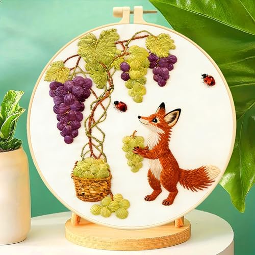 Zhenqing Fox Embroidery Kit for Beginners, Cute Woodland Animal Needlework Craft with Pre-Printed Cotton Fabric, Hoop, Threads & Tools, Garden Decor (C0223)