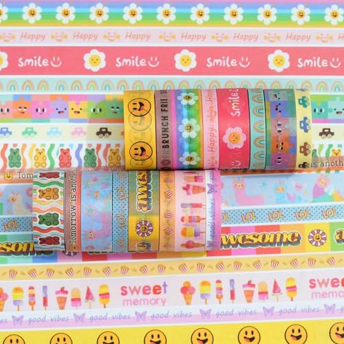 Cute Cartoon Washi Tape Set 16 Rolls Bright Colors Kawaii Masking Graphic Decorative Tapes for Arts, DIY Crafts, Journals, Planners, Scrapbook, Wrapping