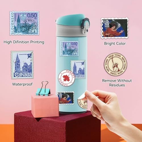 Vintage Travel Postage Stamp Stickers - World Landmarks USA Australia Brazil Waterproof Vinyl Stickers for Journal Planner Laptop Scrapbooking