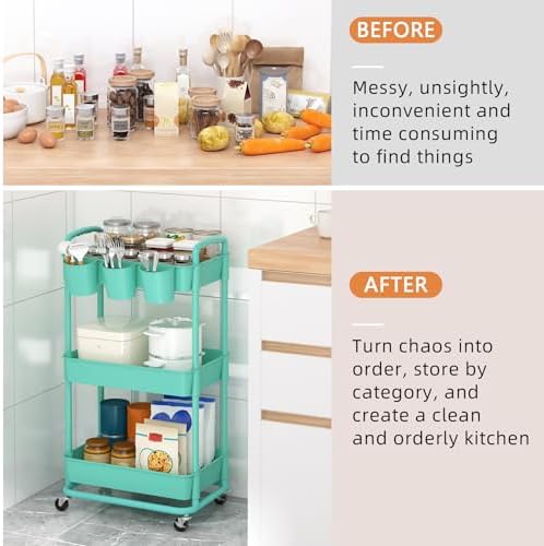 JIUYOTREE 3-Tier Plastic Rolling Storage Cart Utility Cart Green