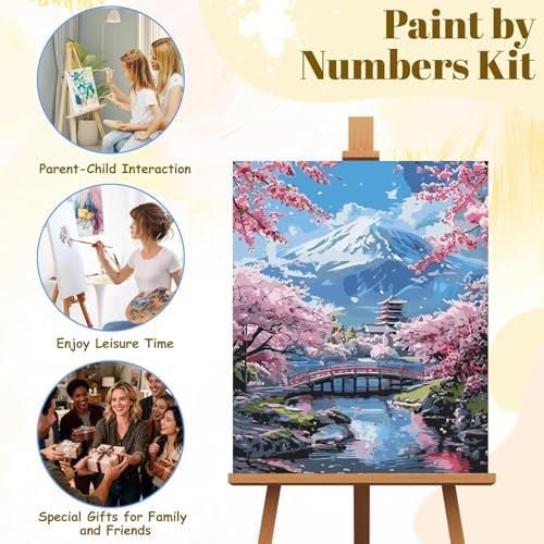 EIBEILI Mount Fuji Paint by Numbers Kit for Adults Beginner,Cherry Blossoms Adult Paint by Number Kits on Canvas,Easy Canvas Paint by Numbers for Adults for Home Wall Decoration 12 X 16 inch