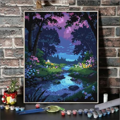 Lovepefe Forest Rivulet Paint By Numbers Kit for Adults, Paint by Number Kits for Beginner Acrylic On Canvas Forest Night Oil Painting Kit Adults Kits for Gift Home Wall Decor 16x20 Inch