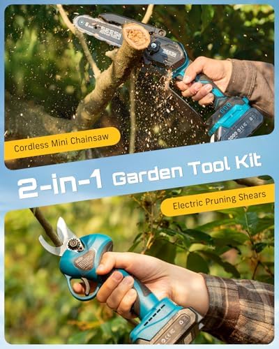 SEESII 2-in-1 Mini Chainsaw & Pruning Shears Combo, Brushless Motor | 6 Inch Cordless Chain Saw, 1.2" Electric Pruner with 2×2000mAh Batteries, for Tree Cutter, Pruning Scissors for Gardening