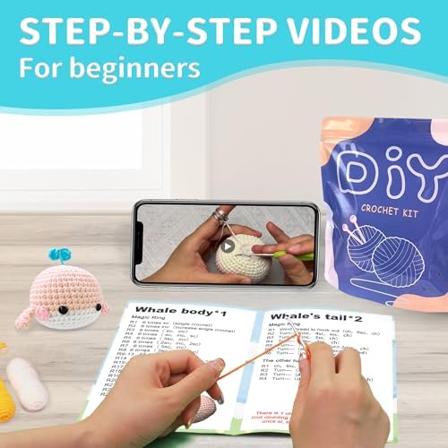 YAMAXIN Crochet Kit for Beginners Adults – 4PCS Animal Amigurumi Yarn Craft Kit with Hooks, Tools & Video Tutorials – DIY Crochet Starter Set (Chick, Whale, Penguin, Bee)