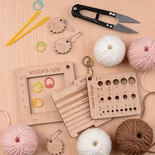 Wood Knitting Gauge Rulers Set, with Tapestry Needles, Stitch Markers, Scissors, Plastic Needles for Crochet Sewing Knitting DIY Crafts