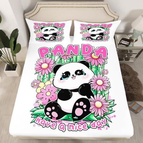 Manfei Cute Panda Flowers Sheet Set Lovable Animal Pink Theme Bedding Set Lively Green Leaves Bed Sheets Teens Room Decor White Pink (Twin Flat & Fitted Sheet with 1 Pillow Case)