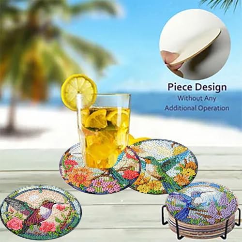 8 Pack Diamond Art Coasters,Hummingbird flowers Diamond Painting Coasters