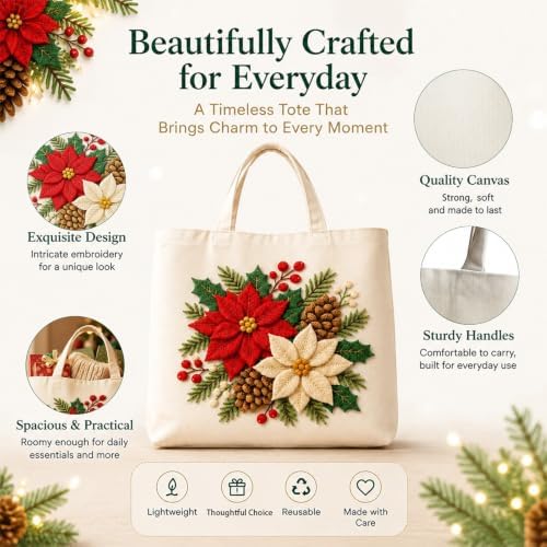 ARTopet Embroidery Tote Bag Kit for Beginners Christmas Canvas Cross Stitch Handbag with Hoops Needles Threads Reusable Grocery Bag for Women-Poinsettia