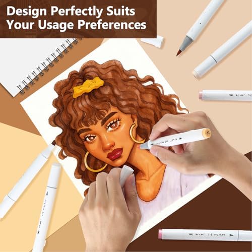 SFAIH Skin Tone Alcohol Markers Brush & Chisel - 12 Dark Portrait Colors, Blendable & Refillable Permanent Art Markers for Adults/Teen/Artists/Creators & Illustrators