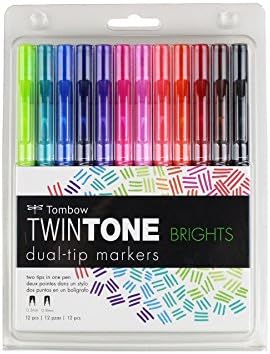 Tombow 61500 Twintone Marker Set, Bright, 12-Pack. Double-Sided Markers for Bold and Precise Writing