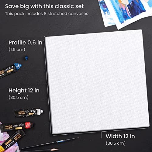 ARTEZA Stretched Canvas, 12 x 12 Inches, Pack of 8, Blank White Square Canvas for Painting for Acrylic, Oil and Gouache Paints | Cotton-Texture Surface, Wood Frame, Pre-Primed, For Acrylic, Oil, Gouache, Tempera, Pouring Art and Wall Pieces