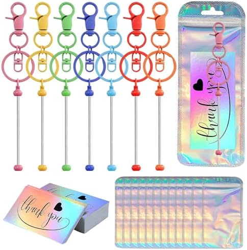 42/84/126 Pcs Beadable Keychain Bars Bulk Blank DIY Beaded Keychain Making Supplies with Bag Thank You Card