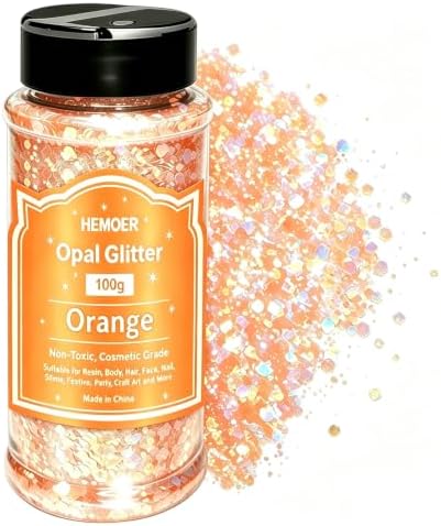 HEMOER Orange Opal Glitter 100g/3.5oz, Cosmetic Mixed Hexagon Chunky & Fine Craft Glitter Resin Sequins for Epoxy Glass, Resin Art, Body, Hair, Face, Nail, Tumbler, Festival Party