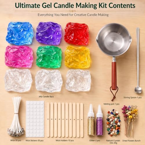 Blingfun Jelly Candle Making Kit,9pcs Gel Wax -7 Colors Candle Making kit，Includes Wax Wicks Wick Stickers，Wooden Wick Holders and More，DIY Starter Candle Making Kit 2.8LB/45oz