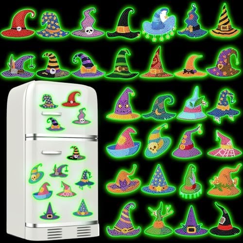 Motipuns 30 Pcs Halloween Diamond Art Magnets Witch Hat Glow in Dark