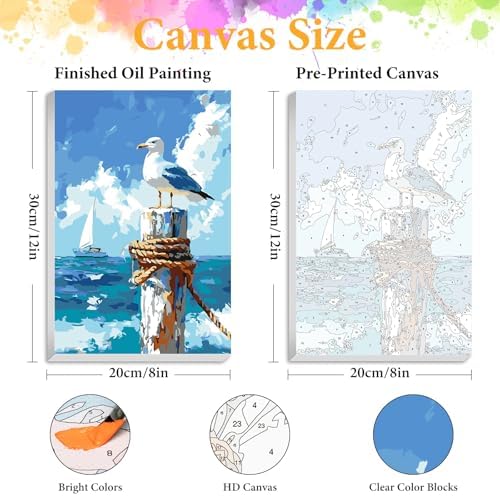 Framed Paint by Numbers Kit for Adults, Seagull Ocean Decor 8x12 Inch