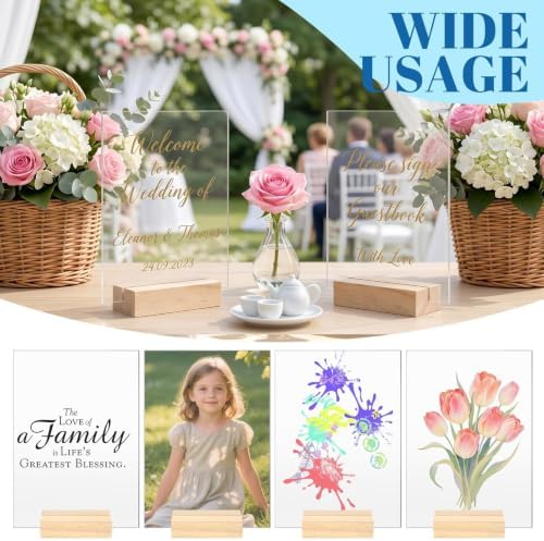 Bercoor 5 Pack 5x7 Inch Blank Clear Acrylic Sign with Wooden Stands, Rectangle Top Acrylic Sheet, DIY Acrylic Rectangle Table Numbers for DIY Name Card Gifts Event Party Sign Decoration