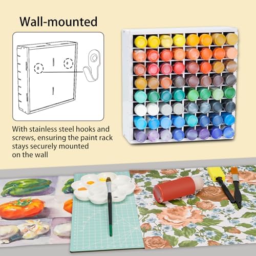 Krafetto 64-Grid Paint Organizer for 2 Oz Bottles, Wall Mount