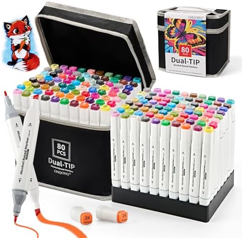 80 Colors Alcohol Markers Dual Tip Brush & Chisel Tips for Coloring Art | Alcohol based blendable ink, no bleed dual tip markers for adult coloring sketching drawing, safe for artists kids beginners