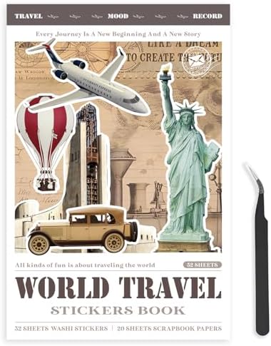 Bomichi Travel Sticker Book, 32 Sheets 377 Pcs Vintage Aesthetics Stickers & 20 Sheets Washi Paper for Journaling Scrapbooking Bullet Journals Planners Letter Card Making