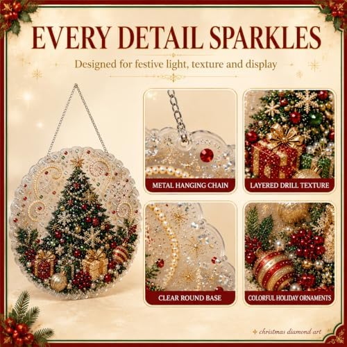 Christmas Pearl Diamond Painting Suncatcher Kit, Pearl Diamond Art Kits for Adults | 3D Mixed-Sized Christmas Bead Art Craft with Acrylic Round Board for Home Decor and Holiday Gifts (Style C)