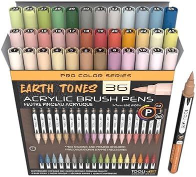 TOOLI-ART 36 Flexible Brush Tip Earth Tones Acrylic Paint Pens Markers Set 1-7mm Line for Rock Painting, Glass, Mugs, Wood, Metal, Canvas, Plastic. Non Toxic Waterbased Quick Drying
