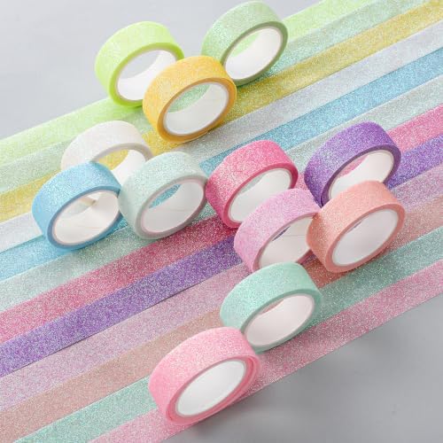 TIESOME 12 Rolls Glitter Washi Tape Set,15mm Macaron Cute Colored Tape