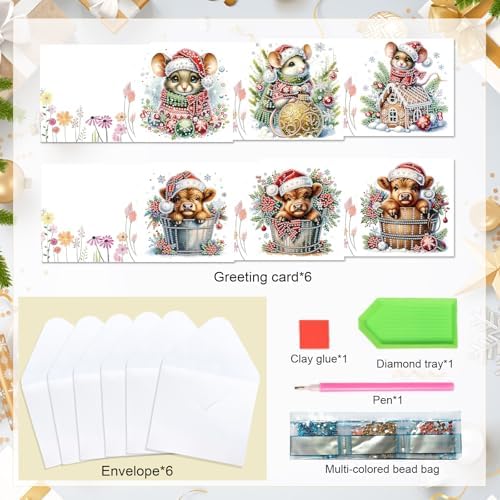 LazyFold 6 Pcs Diamond Art Painting Greeting Cards Kits, DIY Christmas Theme Handmade Festival Greeting Cards with Envelopes Diamond Art Crafts Birthday Cards Creative Gift