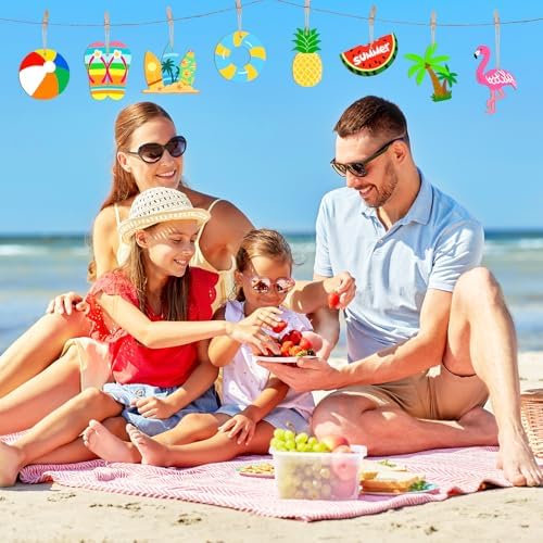 80PCS Wooden Summer Ornaments to Paint, 10 Styles DIY Blank Unfinished Wood Beach Cutouts Ornament for Crafts Hanging Decorations, Watermelon Surfboard Slippers Coconut Tree Home Decorations Gifts