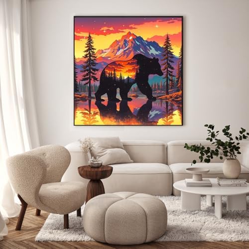 Paint by Numbers Kit for Adults, Sunset Bear Number Painting, 16 x 16 Inch | DIY Adult Paint by Number Kit on Canvas for Beginners, without Frame, Wildlife Wall Decor, Stress Relief Craft Gift