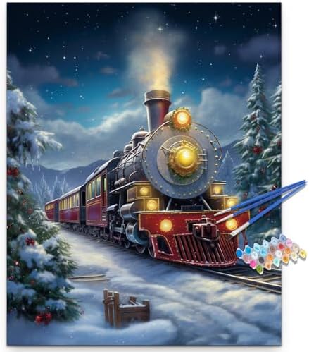 Artunion ChristmasTrain Paint by Numbers Kit for Adults,Snowy Landscape Paint by Number Kits, DIY Oil Painting Paint by Number Kits on Canvas Arts Craft for Home Wall Decor 16x20 Inch