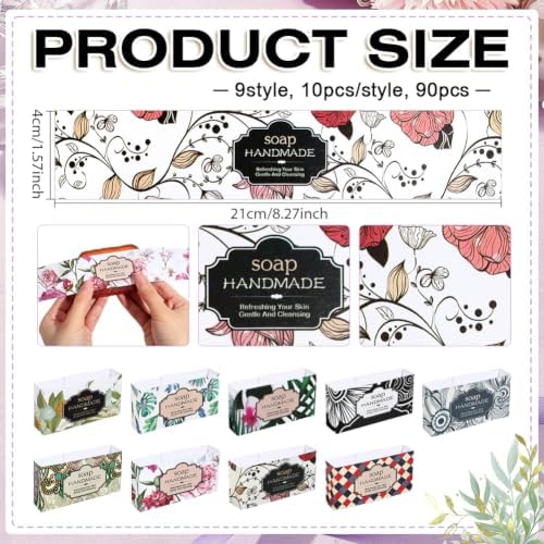 PH PandaHall 90pcs Soap Wrapper 9 Style Flower Wrap Paper Tape Vertical Soap Paper Tag Soaps Sleeves Covers for Homemade Soaps Bar Packaging Supplies