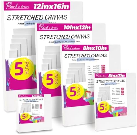 5 Pack Stretched Canvas for Painting, 5 Size 4x4” to 12x16, 100% Cotton with Natural Cottonseed Husk, 5/8" Thick Frame, Triple-Primed, Warp-Resistant, Ready to Paint for Acrylics, Oils