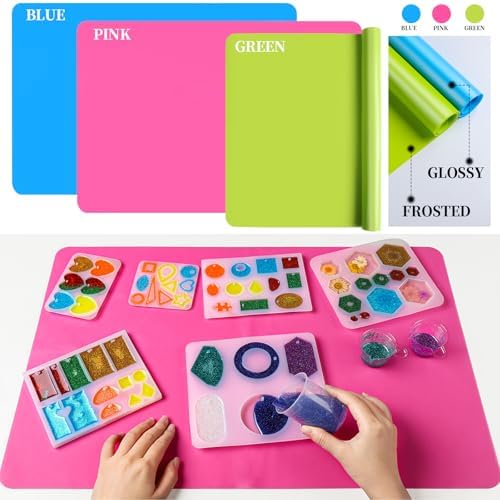 LEOBRO Silicone Mat for Crafts, 3 PCS 23.4” x 15.6” Large Silicone Mats, Craft Mats for Resin Molds, Clay, Dough, Jewelry Making, Sculpture Casting, Hot Pink & Green & Blue