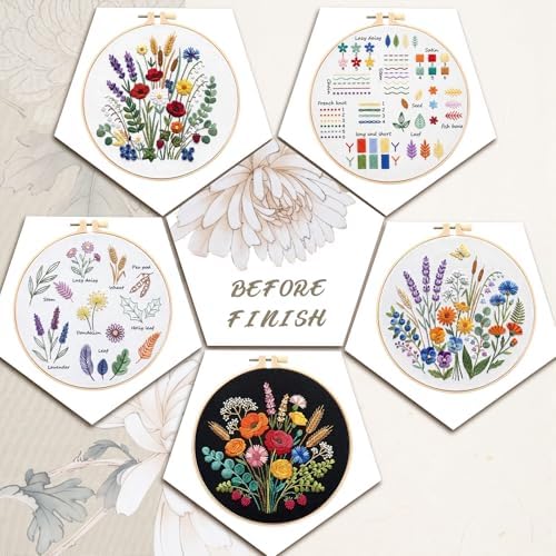 Yinder 5 Set Needlepoint Kits for Beginners Hoops Patterns,Flowers