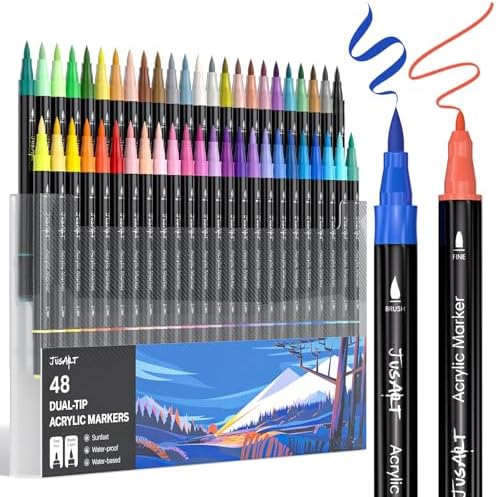 JusArt Acrylic Paint Markers 48 Colors, Dual Tip Art Supplies for Rock