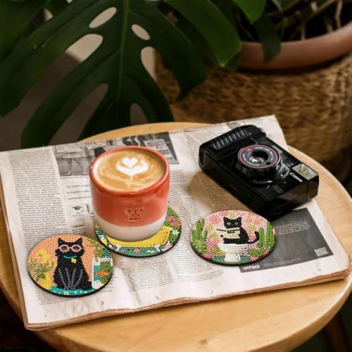 CRZMODE 8 Pcs Black Cat Diamond Art Coasters Kits, Diamond Painting Coasters with Holder Set of 8, DIY Cat Art Crafts Supplies for Adults Cup Mat House Warming Gifts Non-Slip