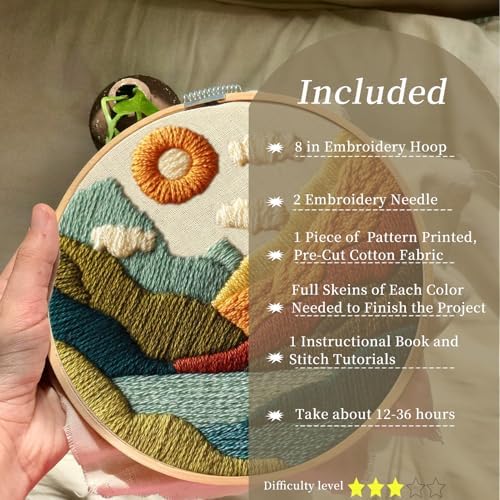FONNUY Embroidery Kit for Beginners, Textured Vibrant Nature Landscape Pre-Stamped Pattern Kits for Adults with Hoop, Easy to Follow Color Thread Needlework, 8'' Hoop (Green 1)