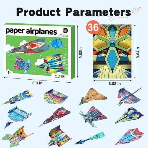 SELVERITH 36 Sheets Paper Airplane Origami Kit for Kids Ages 8-12, 12 Distinct Designs, Double Sided Colored Origami Airplane Book with Video Tutorials, Educational Crafts Gifts for Teens Kids