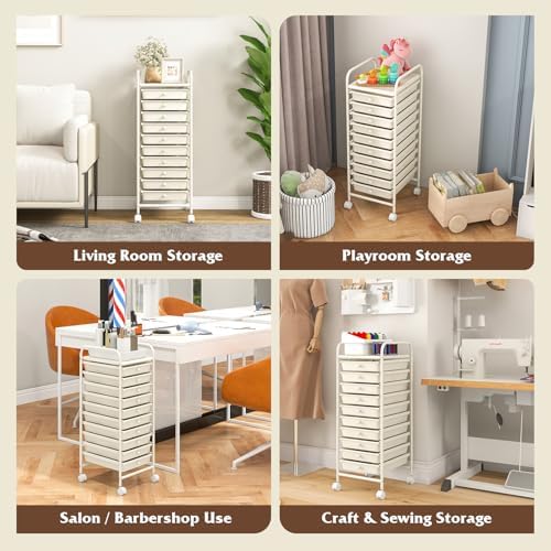 Storage Cart, Rolling Utility Cart with 10 Drawers, Portable Handles & Lockable Wheels, Mobile Paper Toys Storage Organizer Large Capacity for Home Office School Teacher (White)