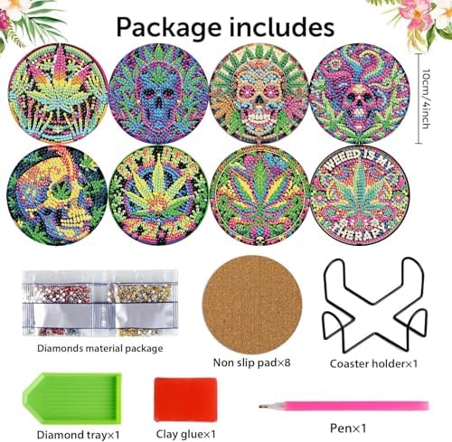 8 Pcs Leaf Diamond Art Coasters Kits, Diamond Painting Coasters Kits