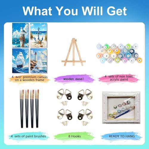 bleihum 4 Pack Beach Paint by Numbers Kit for Adults with Frame Easel | Seaside Paint by Number Kits on Canvas, Sea Painting by Numbers for Adults Beginners Home Decor Gift 8x12 Inch