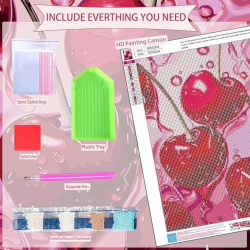 AIBOERL Diamond Art Kits for Adults，DIY Cherry Diamond Painting Wall Decor | Round Drill Vintage Cherry Diamond Painting for Beginners DIY Rhinestone 5D Diamond dots(Gemstone Craft)Wall Art Gift 12x16IN