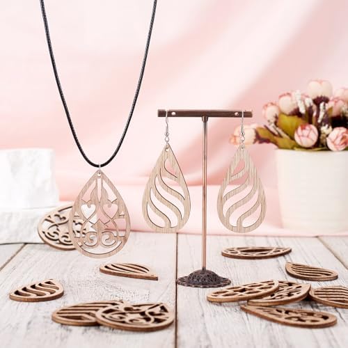 Elecrelive 100pcs Wood Earring Blanks Filigree Teardrop Pendants Unfinished Wooden Cutout Craft Wood Pieces for DIY Jewelry Making Hanging Ornaments