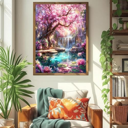 ICYANART Dream Tree Paint by Numbers Kit for Adults, Fantasy Waterfall Pink | Waterfall Paint by Number for Adults Beginners, Acrylic Pink Painting by Numbers, Fantasy Number Painting 16x20 In